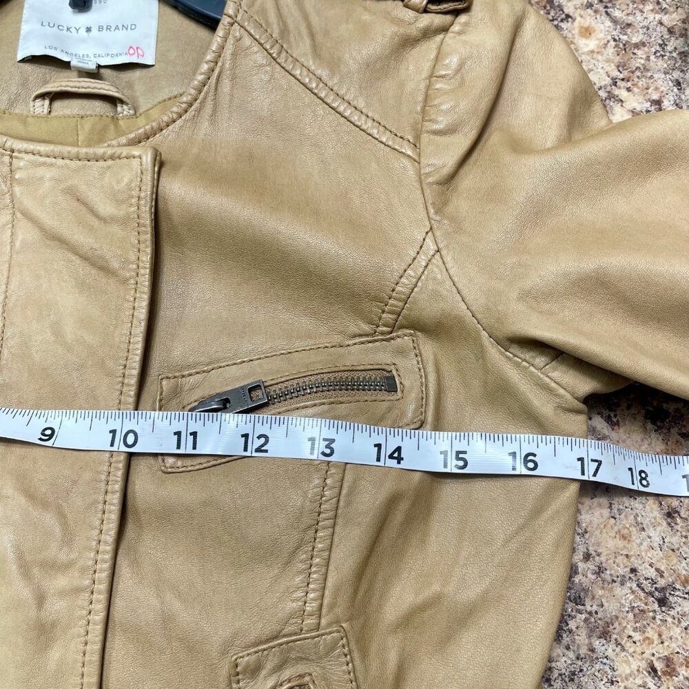 Lucky Brand Tan Leather Moto Jacket W/ Zipper Details Size S - Picture 10 of 12
